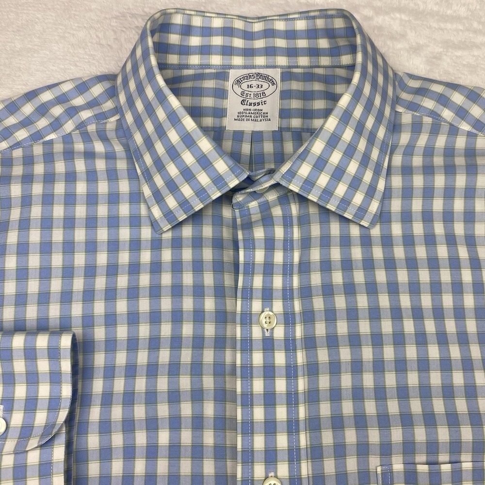 Brooks Brothers Dress Shirt Men's 16-33 Blue/White/Green Check Classic No Iron - Picture 2 of 10